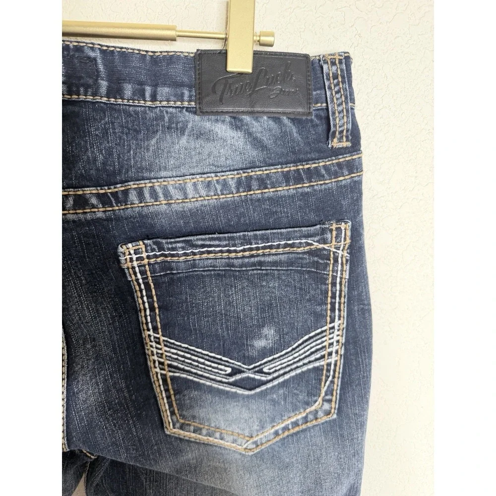 True Luck Denim Jeans Mens 34x32 Blue Straight Dark Wash Stretch Embroidered